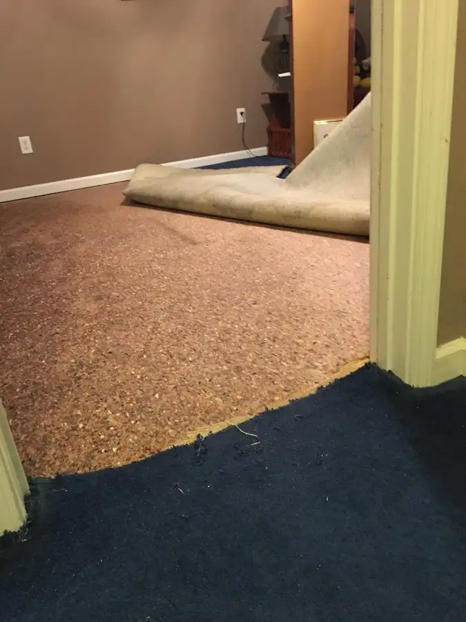 Carpet pad removal revealing water damage during Water Mitigation Services in Bridgton